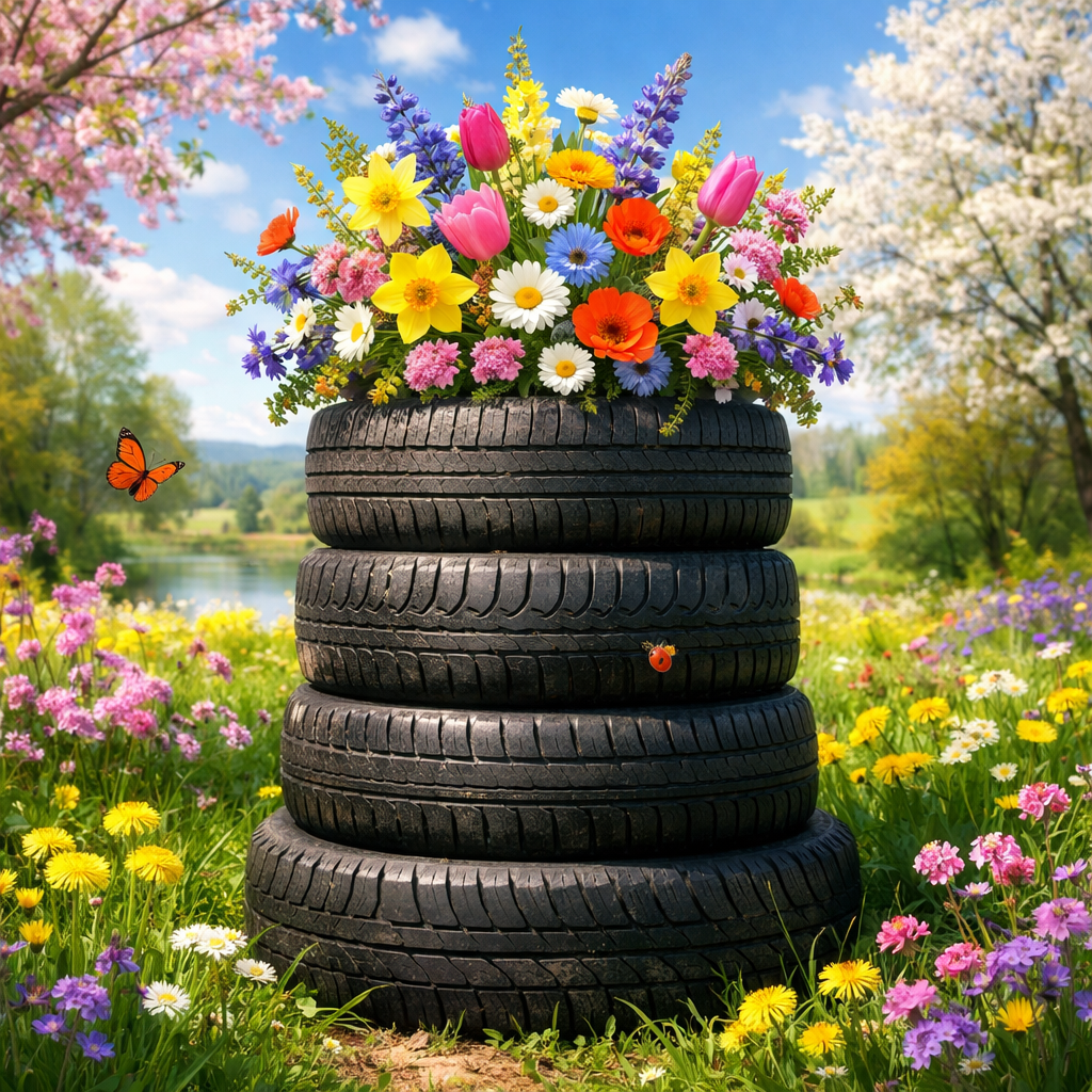 photographic I want to see a stack of tires in a springtime nature setting have it be colorful and full of vibrance there should be a bouquet of flowe