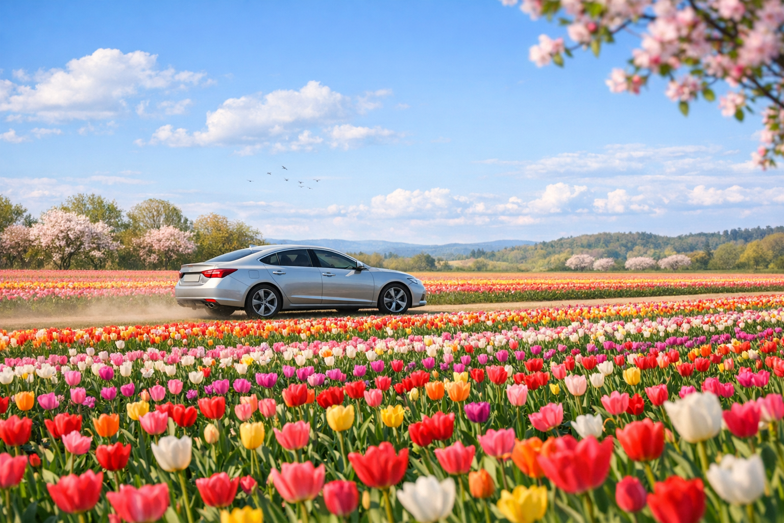photographic show me a cool sedan style car driving through a field of blooming multicolored tulips the photo should invoke springtime themes with ple